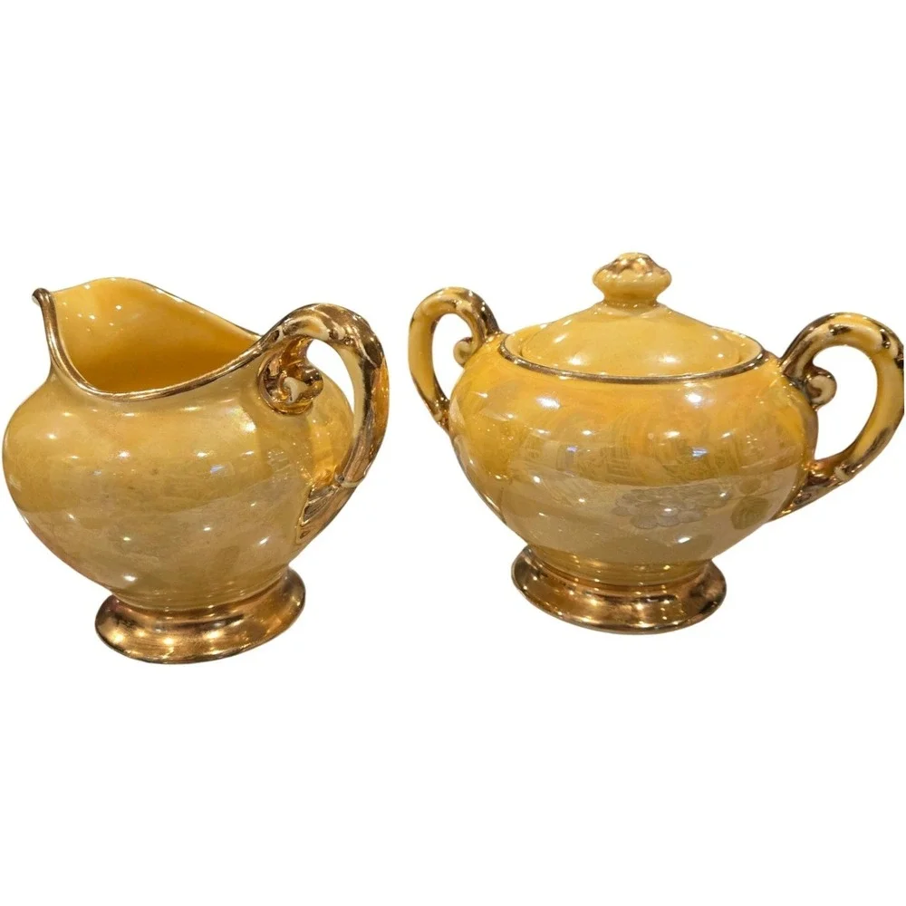 Vintage Yellow Opalescent Lusterware Creamer and Sugar Set 22K Gold Trim